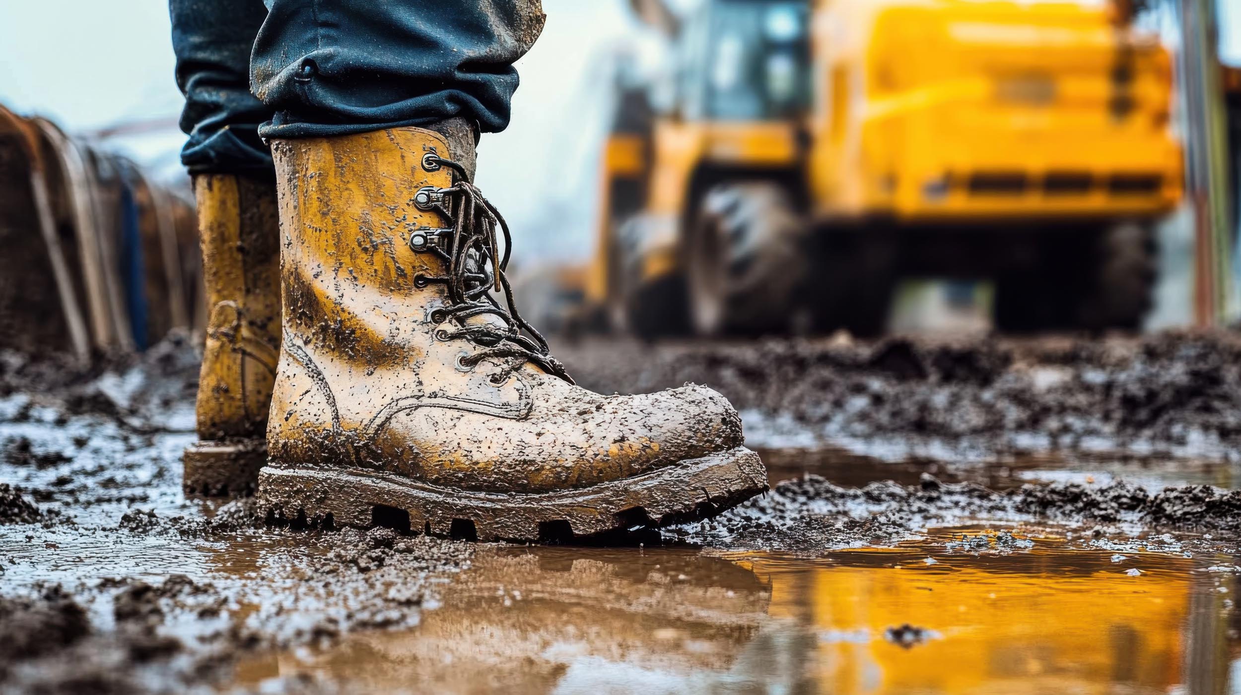 A construction worker’s muddy boots stand on a wet- muddy work